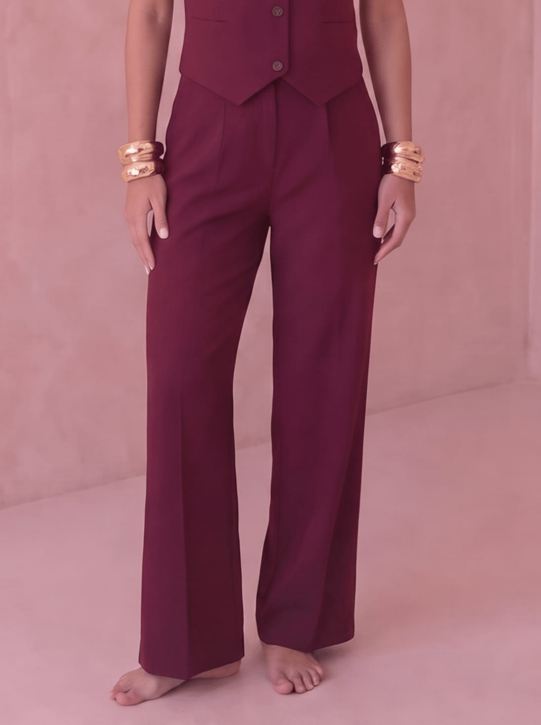 Burgundy Pleated Straight-Leg Trousers