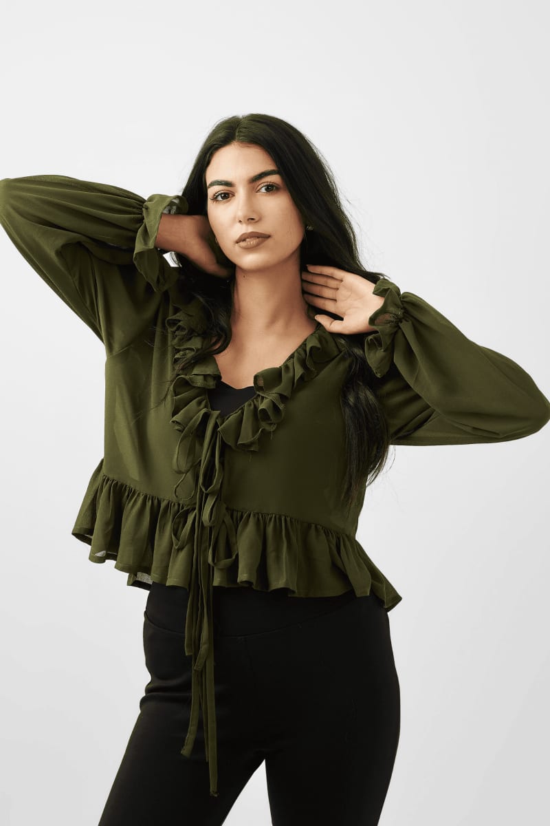 Ruffled Romance V - Neck Blouse – Olive Green - Hushy Wear
