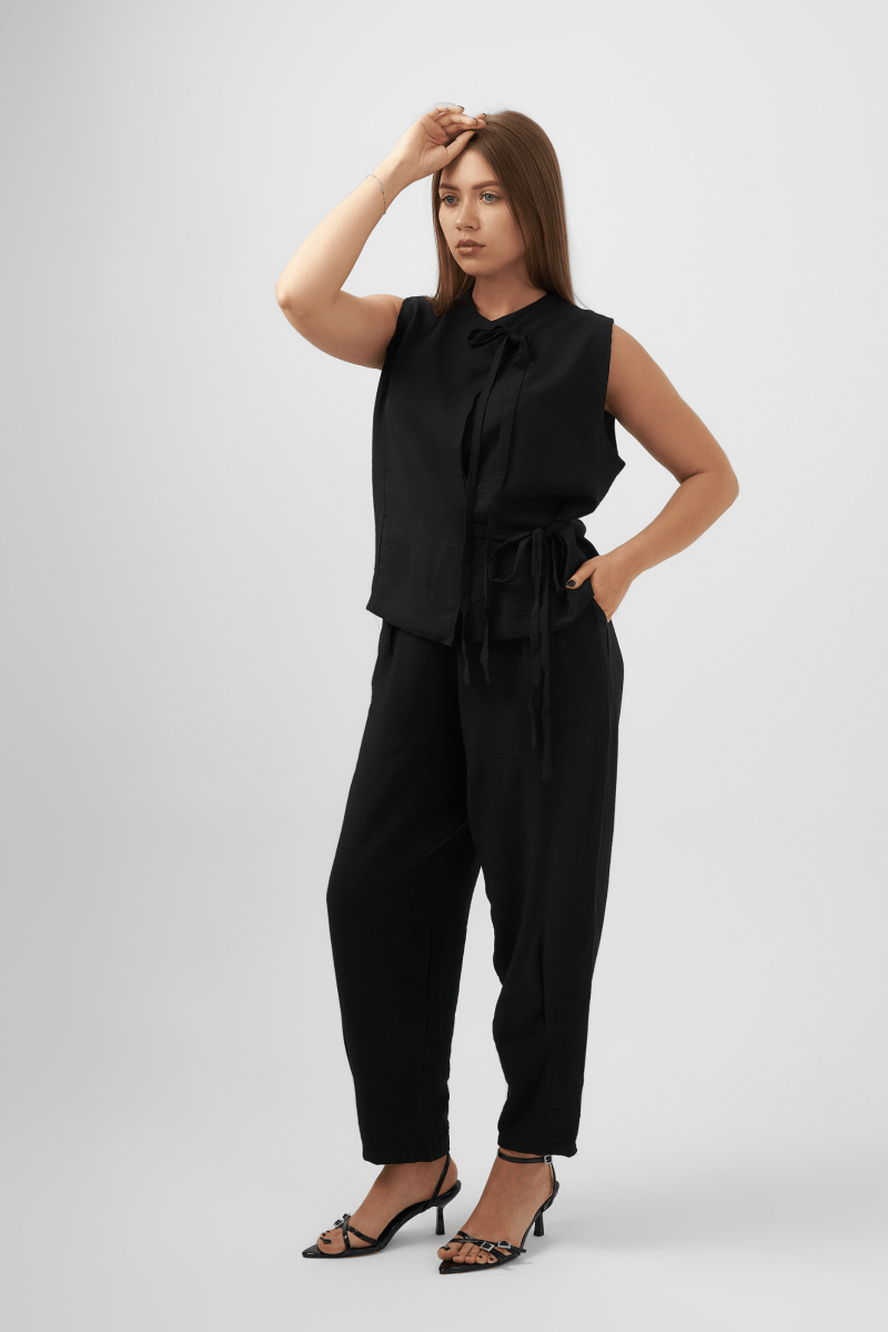 Elegant Bow Tie Sleeveless Top & Tapered Trouser Set – Black - Hushy Wear