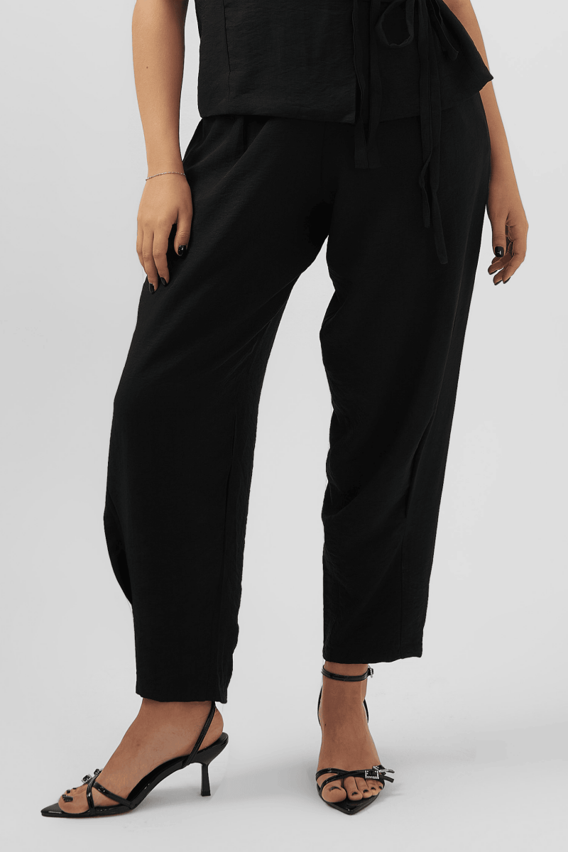 Elegant Bow Tie Sleeveless Top & Tapered Trouser Set – Black - Hushy Wear