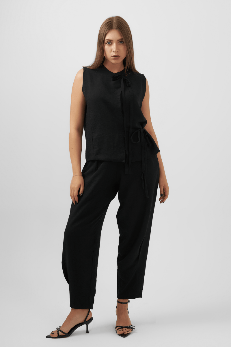 Elegant Bow Tie Sleeveless Top & Tapered Trouser Set – Black - Hushy Wear