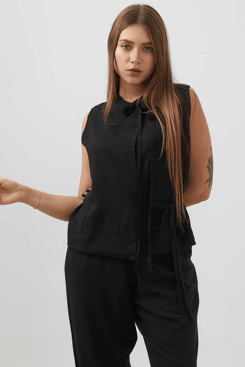 Elegant Bow Tie Sleeveless Top & Tapered Trouser Set – Black - Hushy Wear