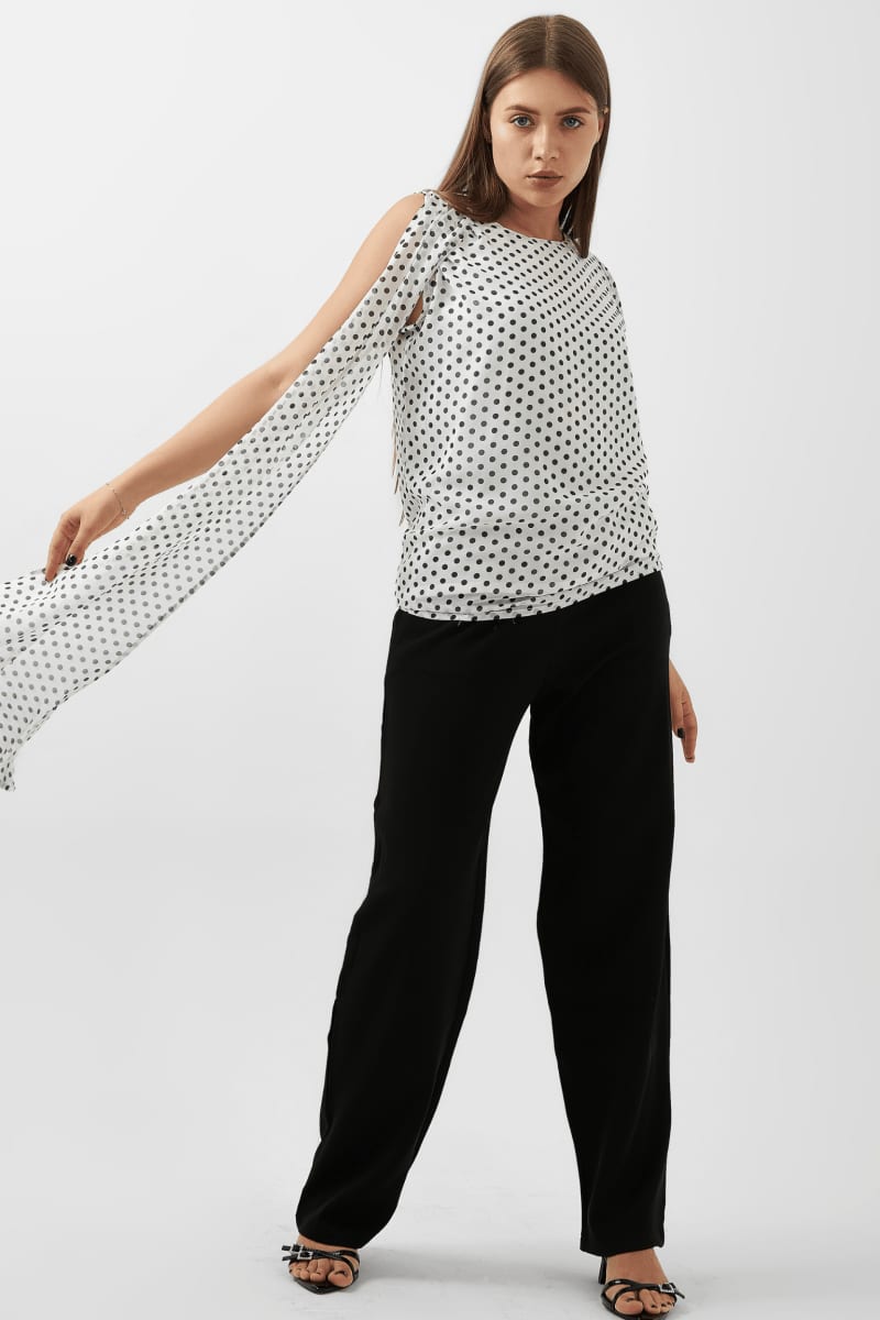 Chic Polka Dot Draped Shoulder Blouse – Black & White - Hushy Wear