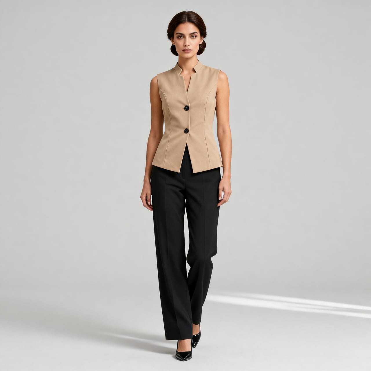 Premium V-Line Vest & Pants Set - Beige/Black