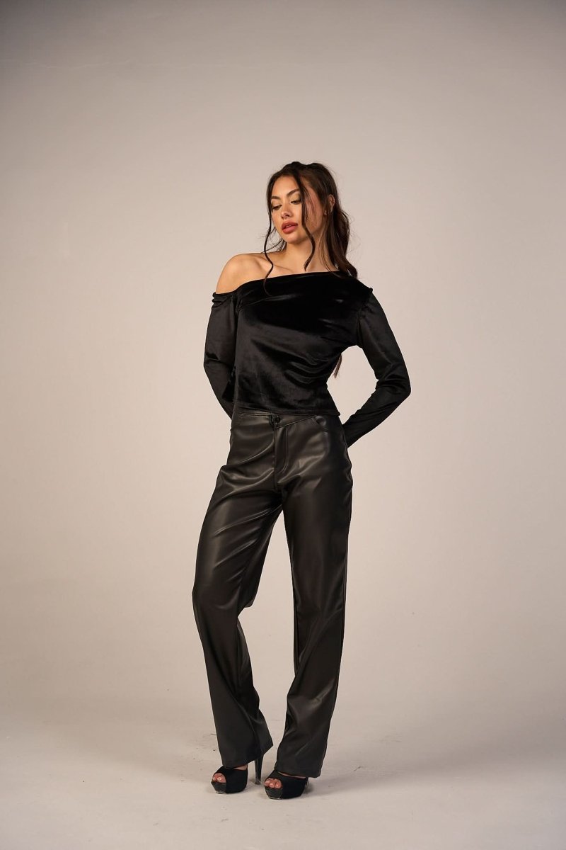Faux Leather Wide Leg Pants - Black - Hushy Wear