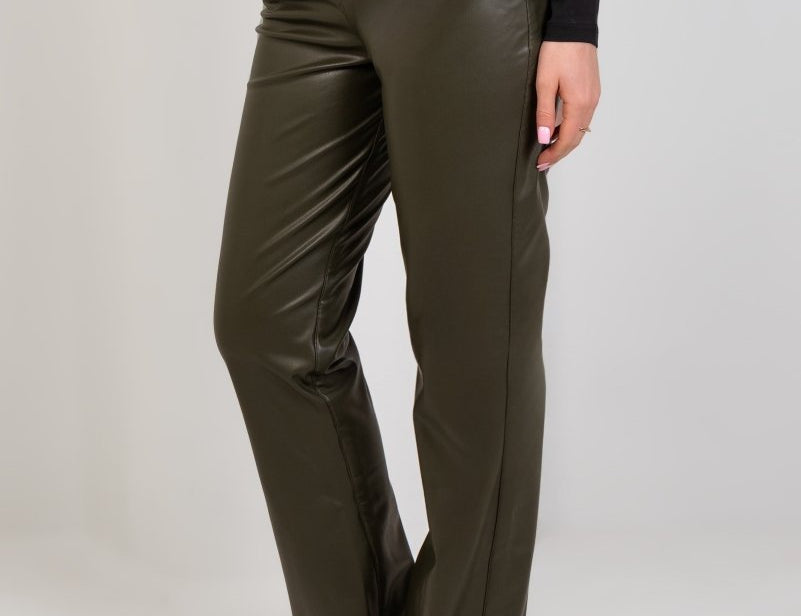 Faux Leather Wide Leg Pants - Olive - Hushy Wear