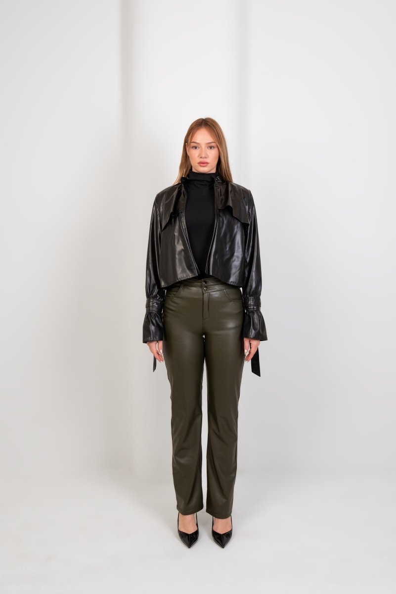 Faux Leather Wide Leg Pants - Olive - Hushy Wear