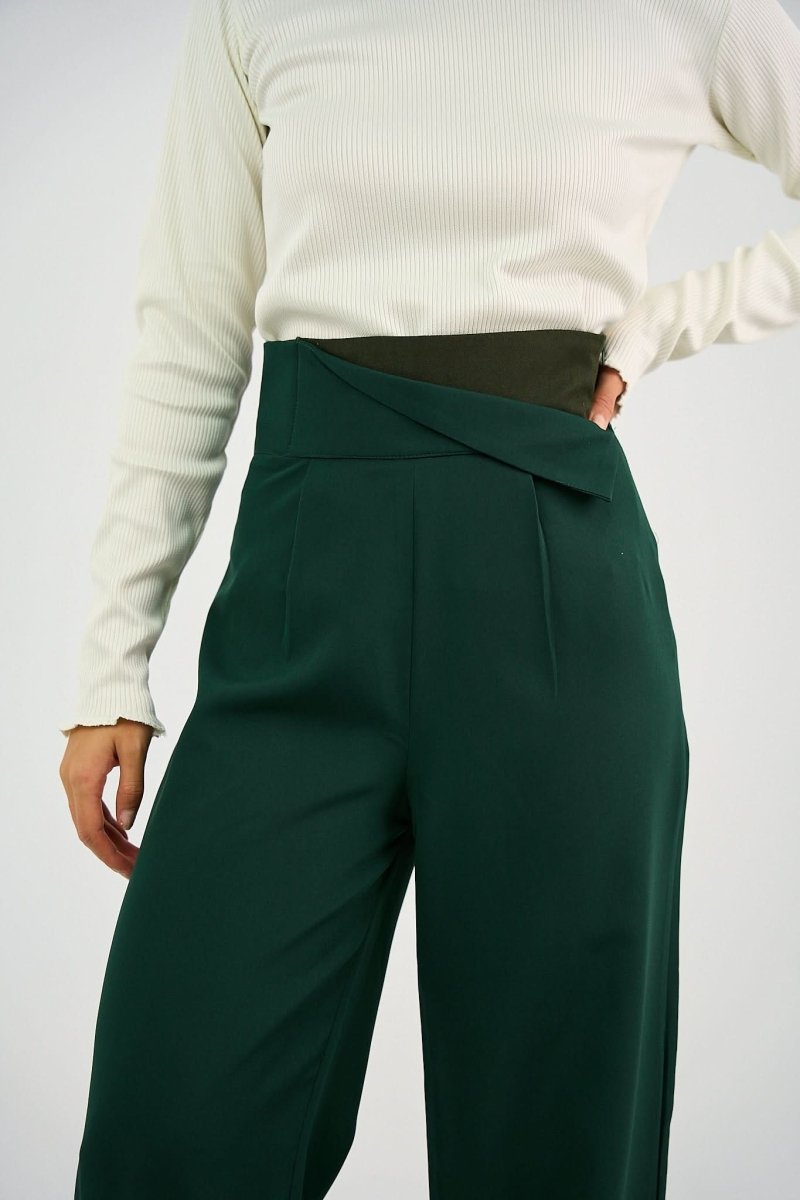 Green High - Waist Trousers with Side Flipped Waistband - Hushy Wear