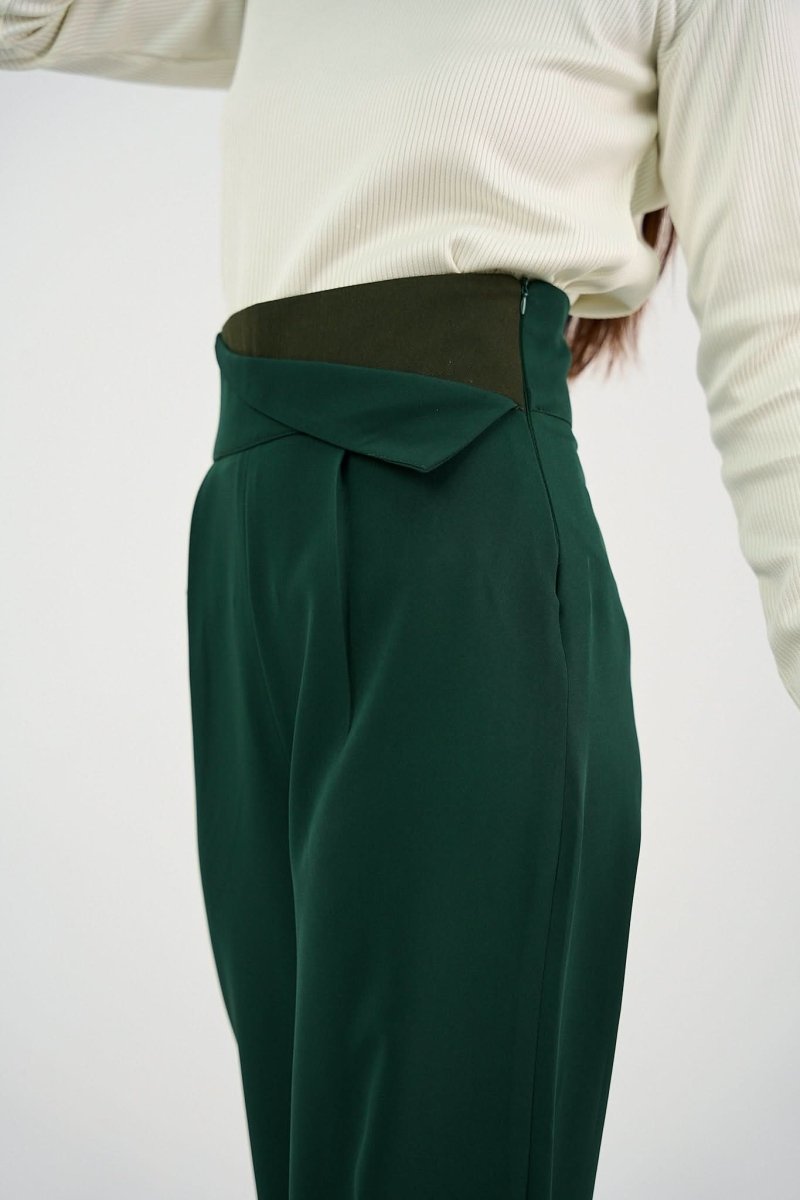 Green High - Waist Trousers with Side Flipped Waistband - Hushy Wear