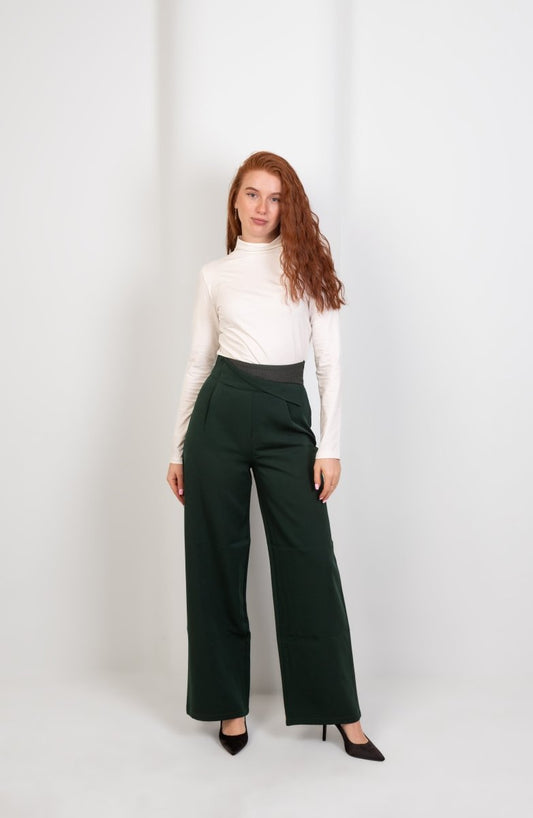 Green High - Waist Trousers with Side Flipped Waistband - Hushy Wear