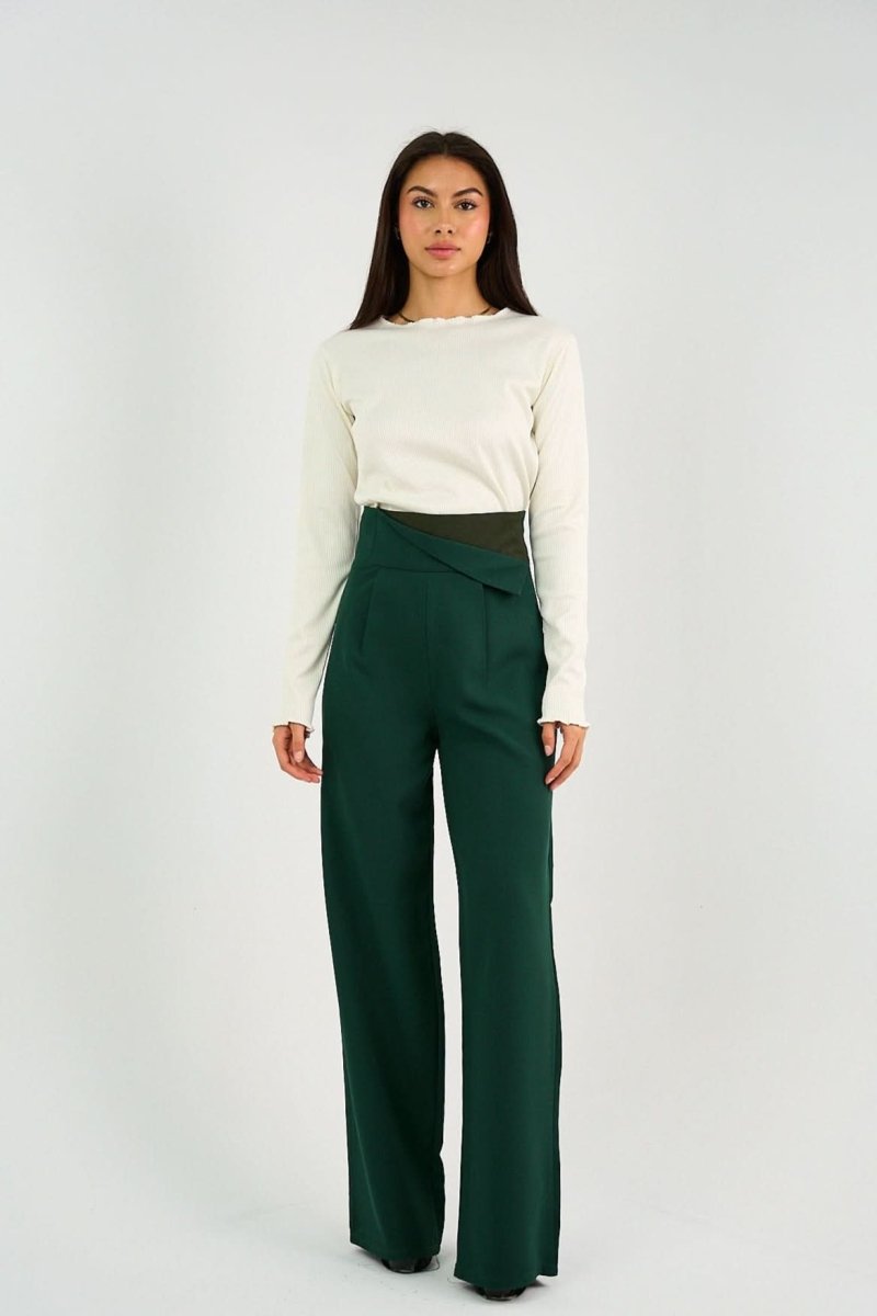 Green High - Waist Trousers with Side Flipped Waistband - Hushy Wear
