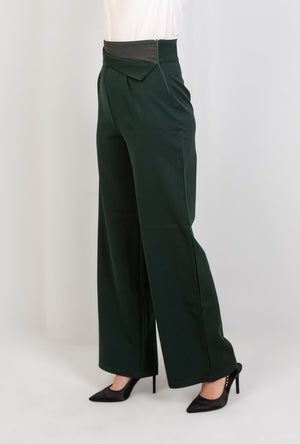 Green High - Waist Trousers with Side Flipped Waistband - Hushy Wear