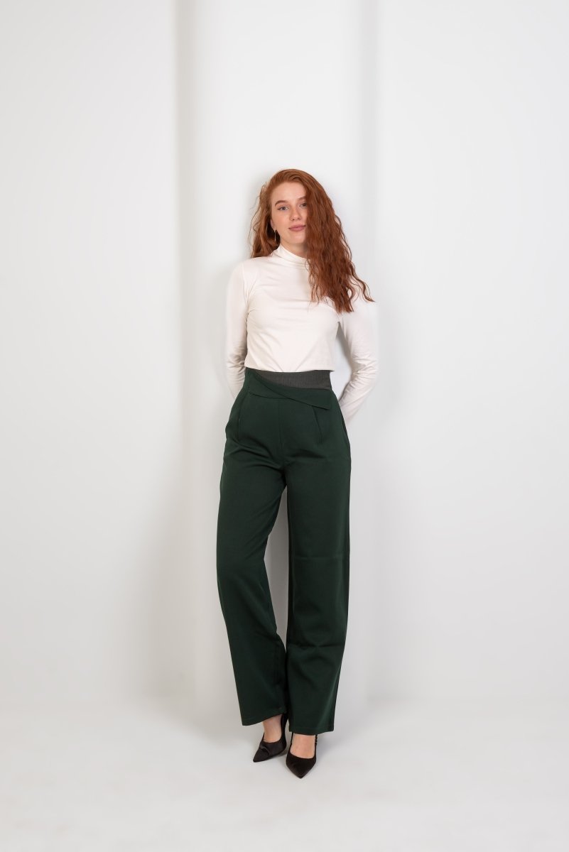 Green High - Waist Trousers with Side Flipped Waistband - Hushy Wear