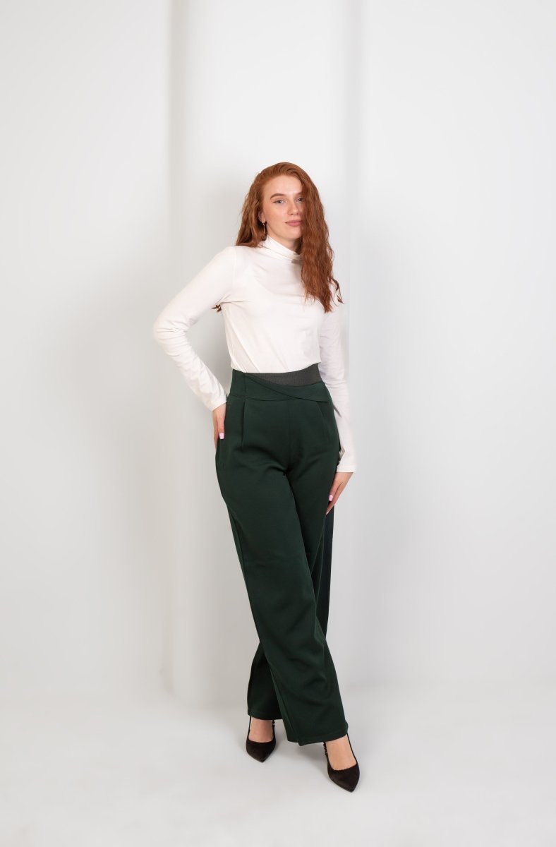 Green High - Waist Trousers with Side Flipped Waistband - Hushy Wear