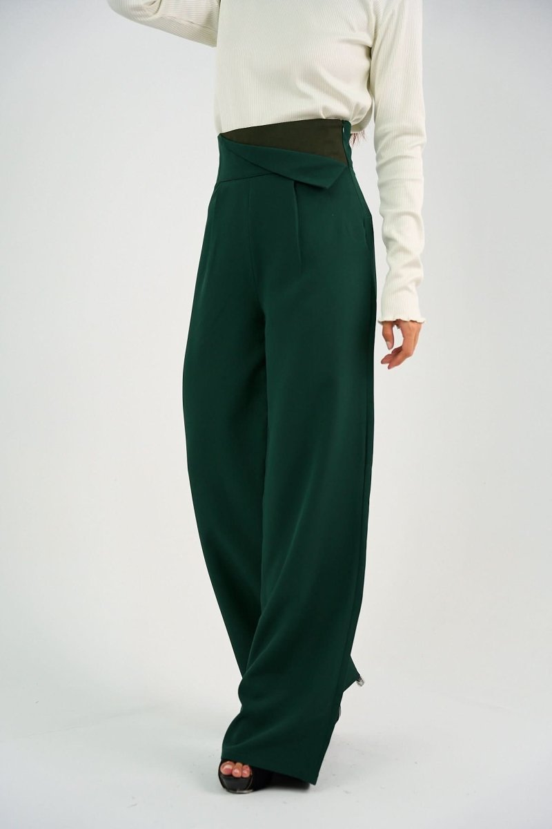Green High - Waist Trousers with Side Flipped Waistband - Hushy Wear