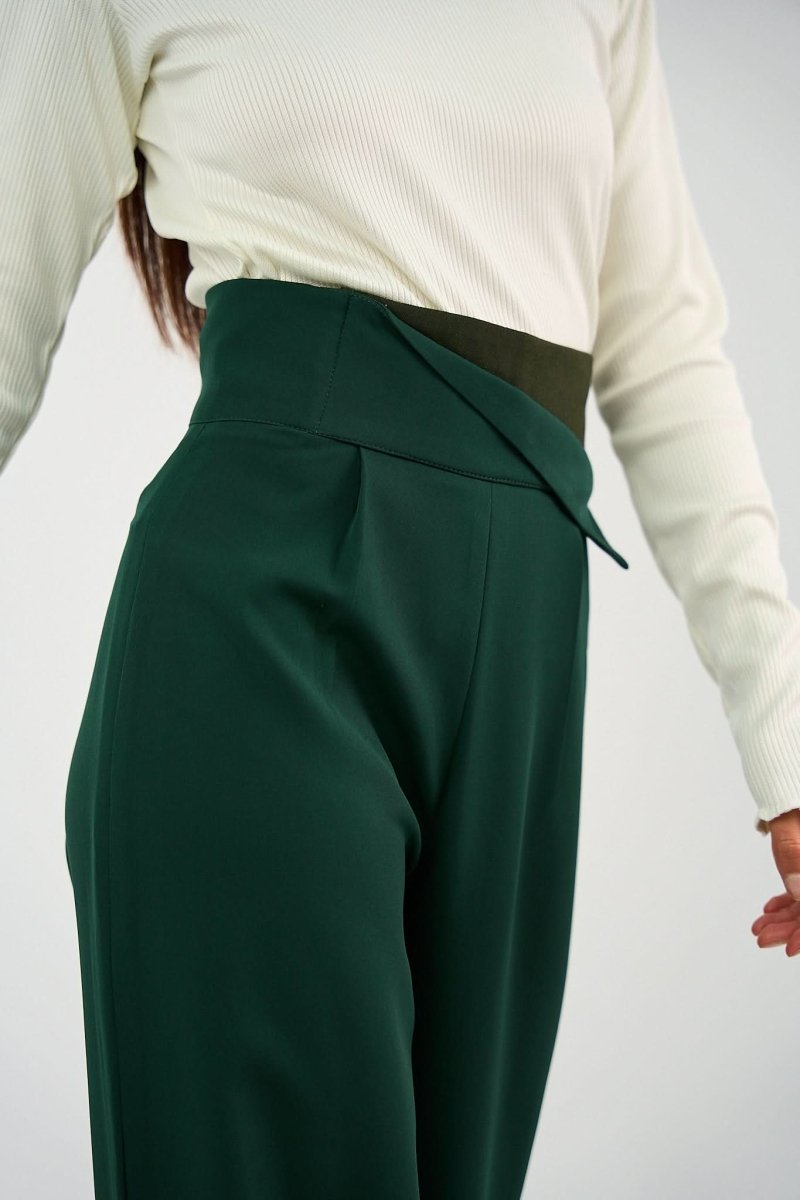 Green High - Waist Trousers with Side Flipped Waistband - Hushy Wear