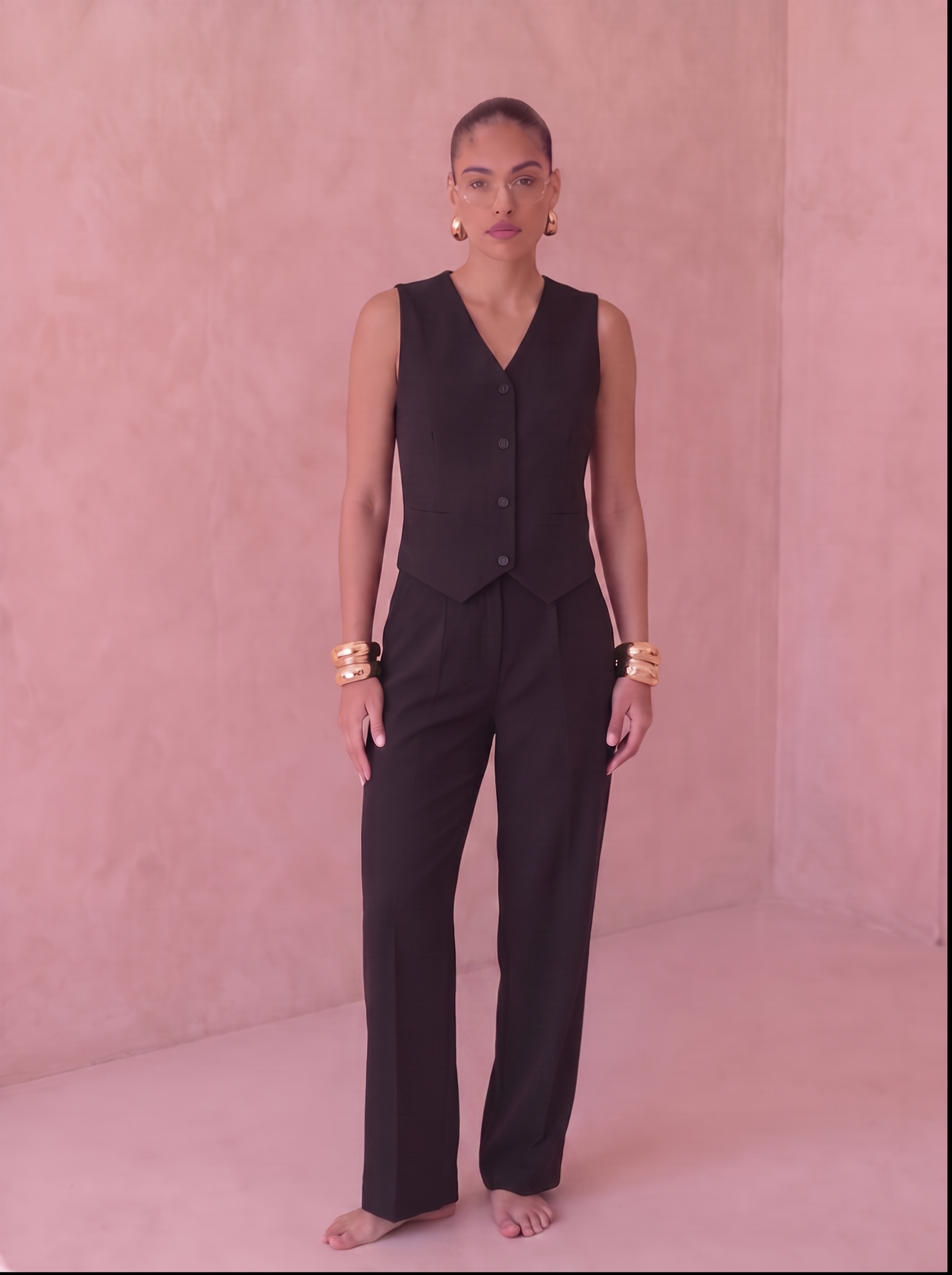 Black Classic Vest & Pleated Straight Pants Set