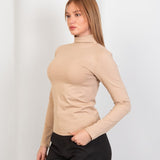 High - Neck Long Sleeve Top - Beige - Hushy Wear