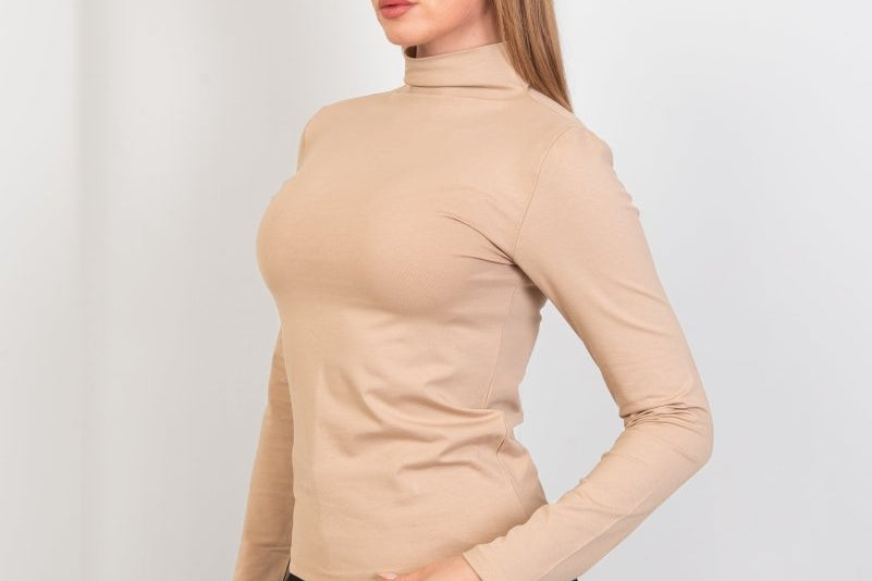 High - Neck Long Sleeve Top - Beige - Hushy Wear