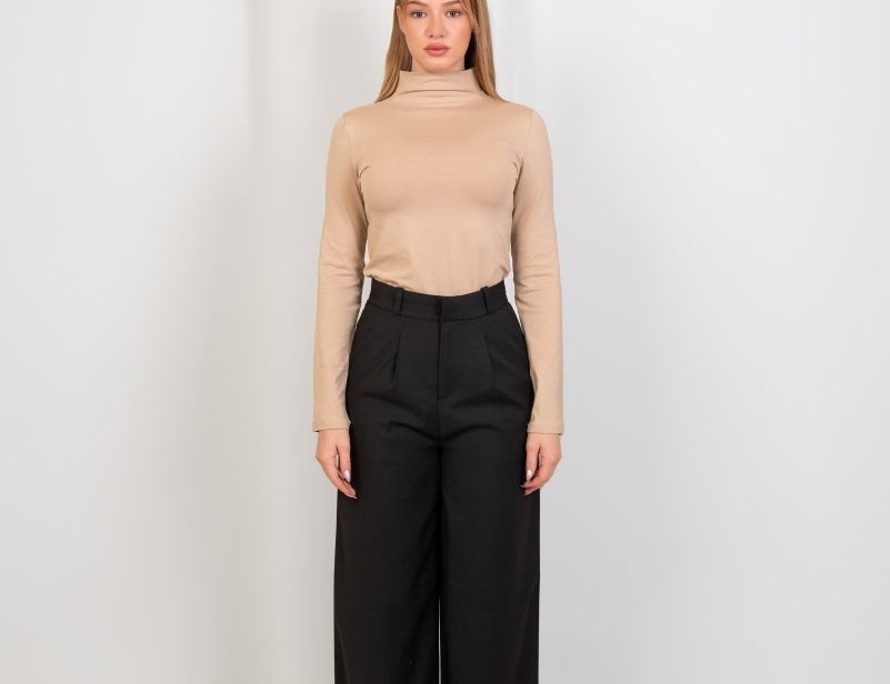 High - Neck Long Sleeve Top - Beige - Hushy Wear