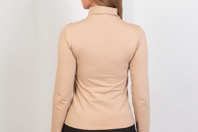 High - Neck Long Sleeve Top - Beige - Hushy Wear