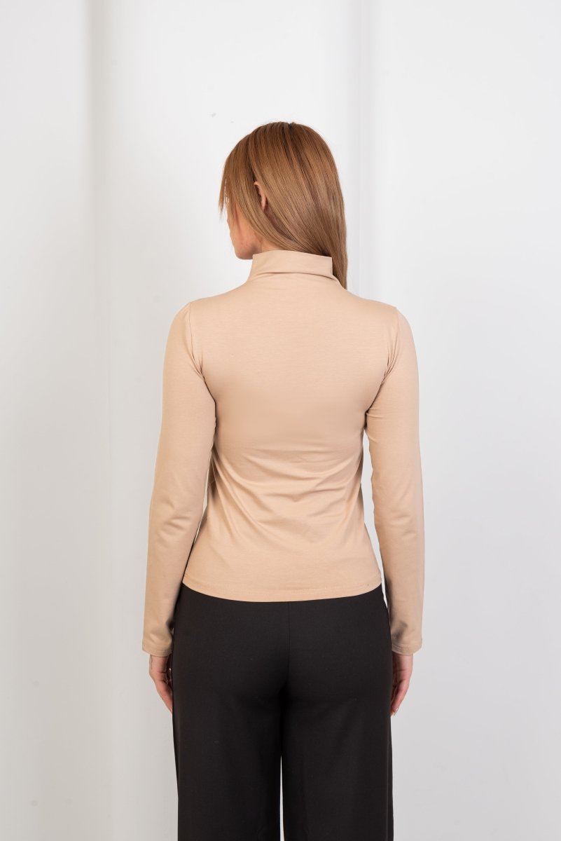 High - Neck Long Sleeve Top - Beige - Hushy Wear