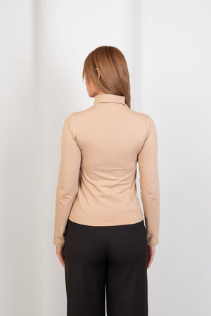 High - Neck Long Sleeve Top - Beige - Hushy Wear