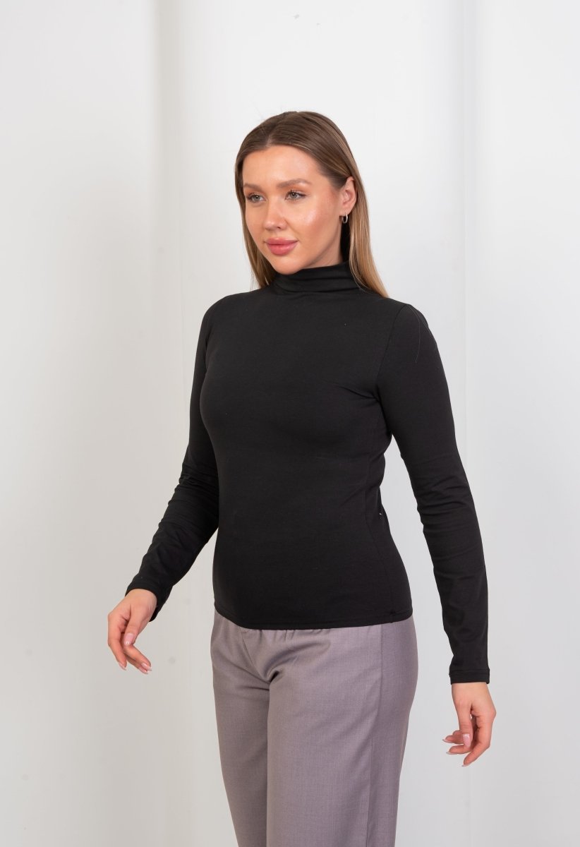 High - Neck Long Sleeve Top - Black - Hushy Wear