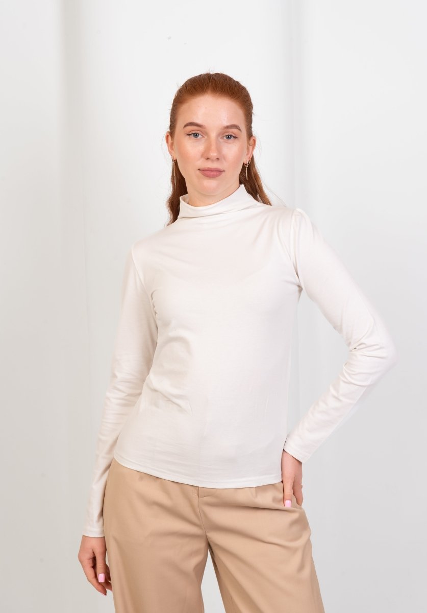 High - Neck Long Sleeve Top - White - Hushy Wear