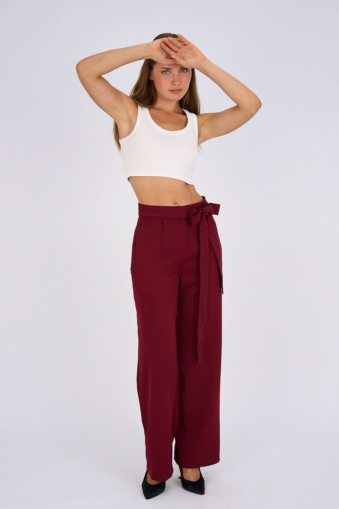 Burgundy Belted Wide-Leg Pants featuring a high-waisted fit, detachable belt, and flowing wide-leg silhouette for a sophisticated and modern look.