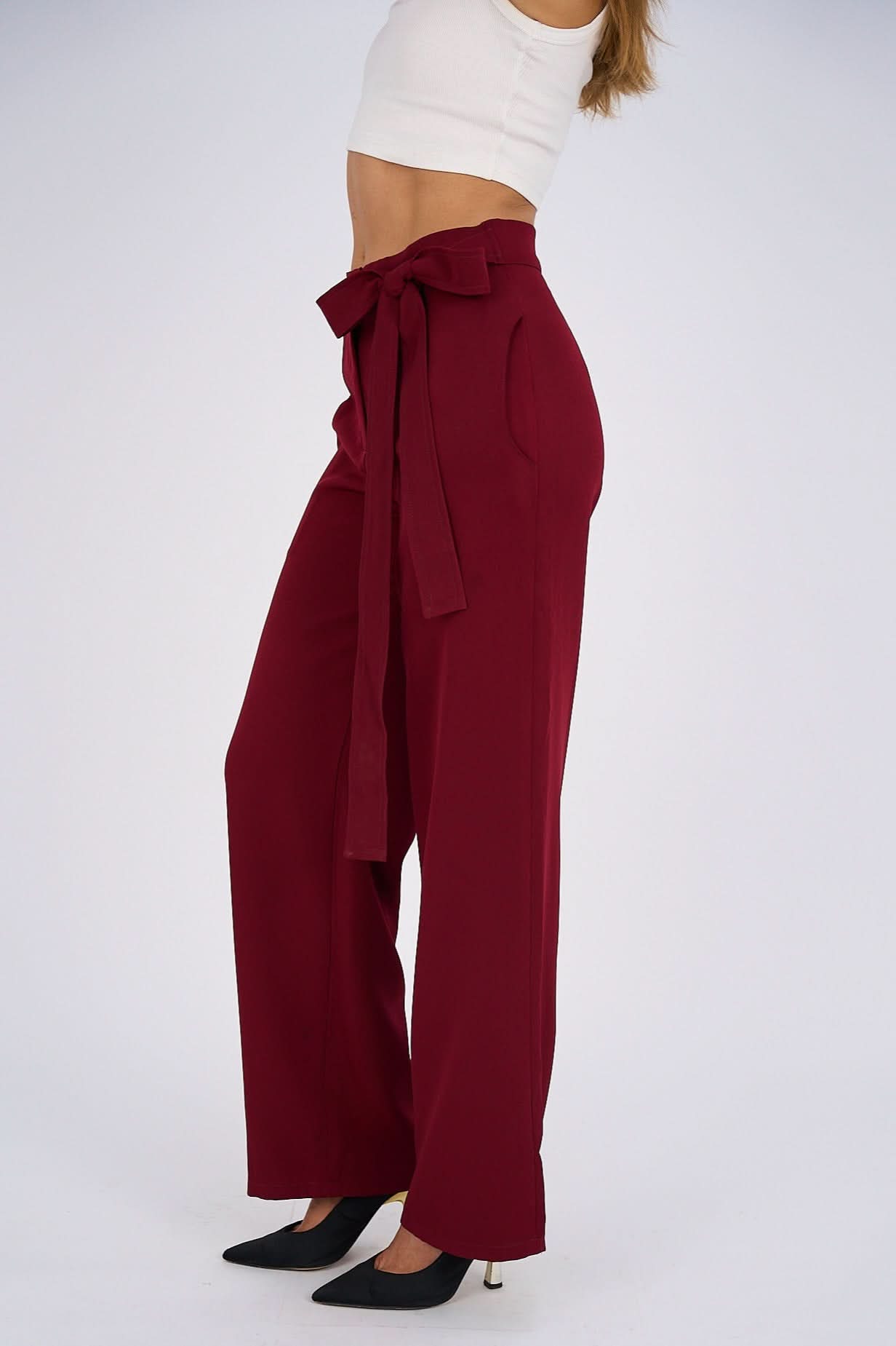 Burgundy Belted Wide-Leg Pants featuring a high-waisted fit, detachable belt, and flowing wide-leg silhouette for a sophisticated and modern look.