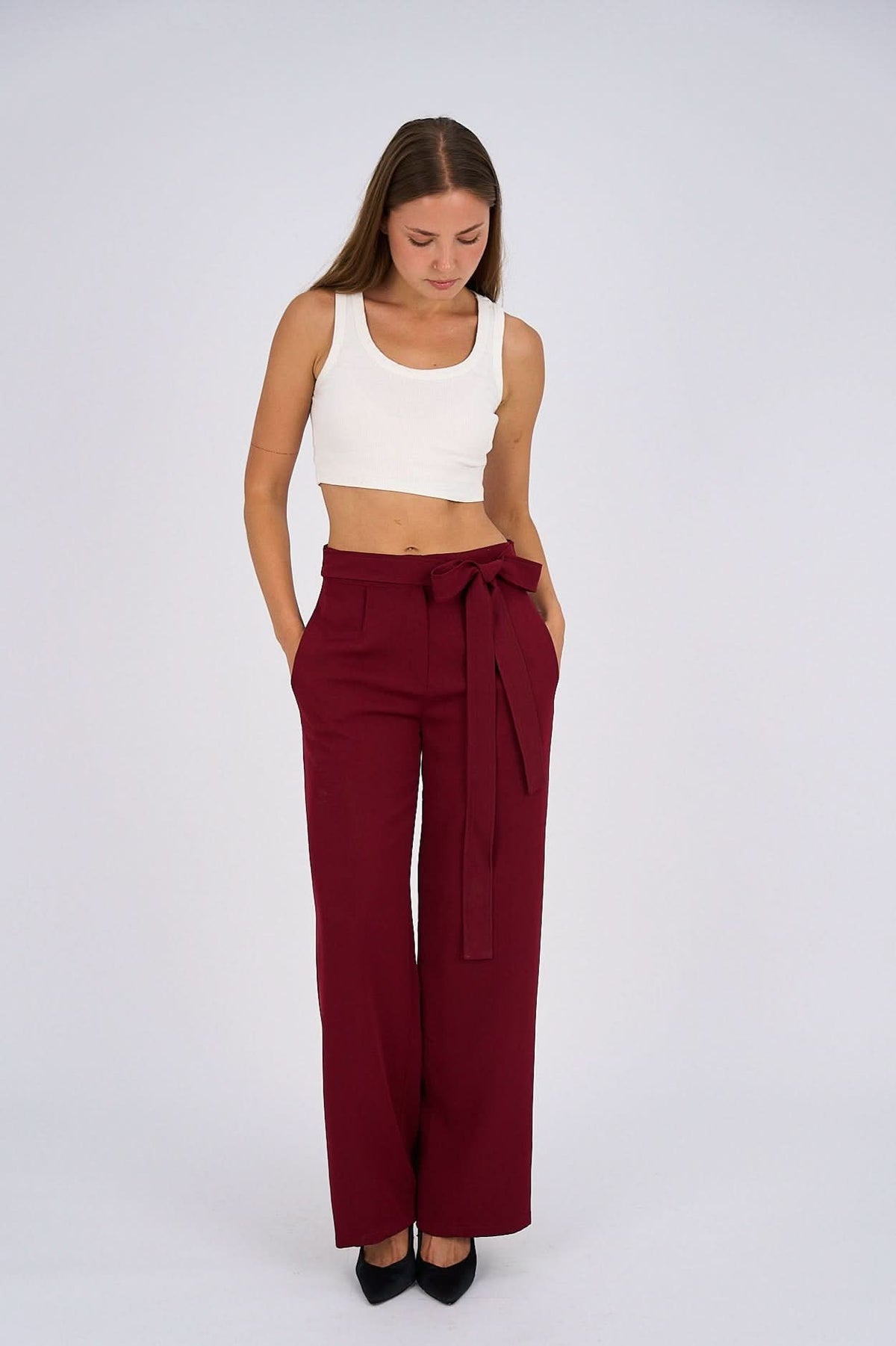 Burgundy Belted Wide-Leg Pants featuring a high-waisted fit, detachable belt, and flowing wide-leg silhouette for a sophisticated and modern look.