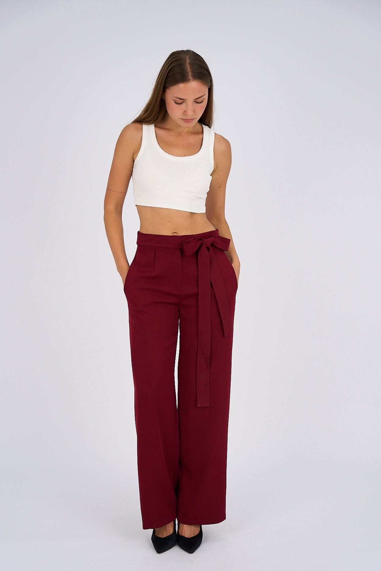 Burgundy Belted Wide-Leg Pants featuring a high-waisted fit, detachable belt, and flowing wide-leg silhouette for a sophisticated and modern look.