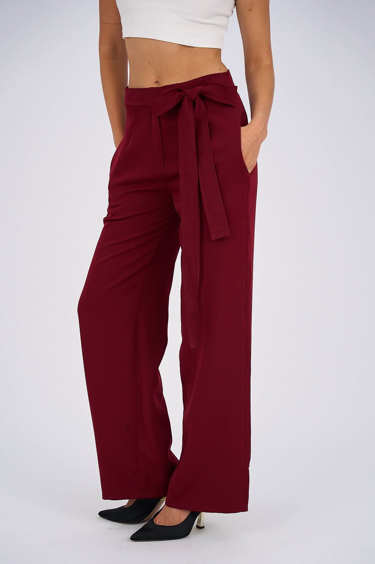 Burgundy Belted Wide-Leg Pants featuring a high-waisted fit, detachable belt, and flowing wide-leg silhouette for a sophisticated and modern look.