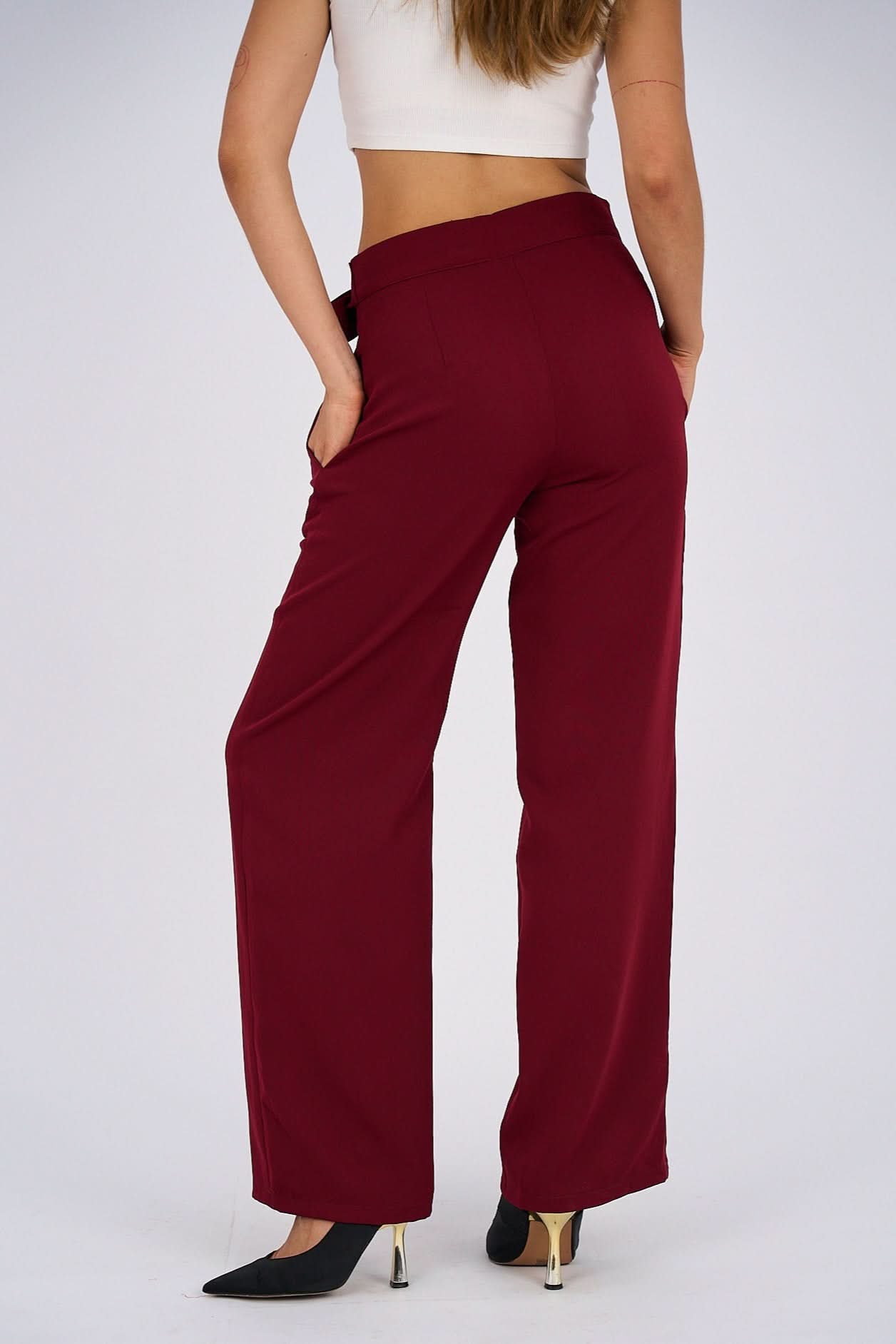 Burgundy Belted Wide-Leg Pants featuring a high-waisted fit, detachable belt, and flowing wide-leg silhouette for a sophisticated and modern look.