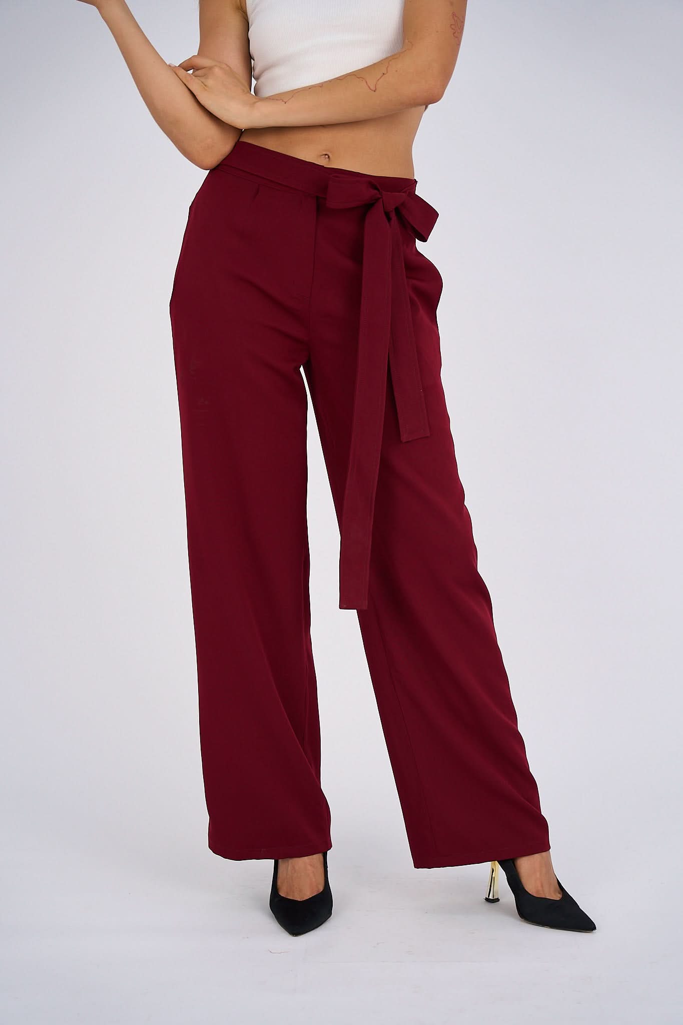 Burgundy Belted Wide-Leg Pants featuring a high-waisted fit, detachable belt, and flowing wide-leg silhouette for a sophisticated and modern look.