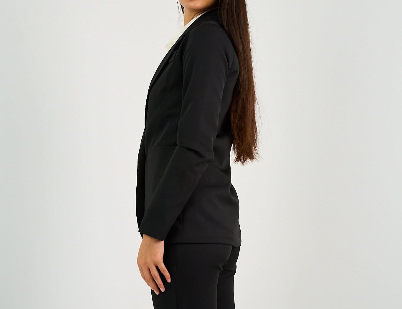 Black Single-Button Blazer featuring a structured fit, tailored silhouette, and a sleek single-button closure, perfect for office wear or smart-casual styling.