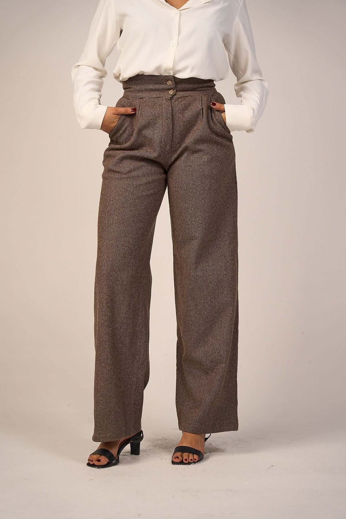 Brown High-Waist Wool Classic Trousers featuring a tailored straight-leg fit, premium wool fabric, and a sleek high-waisted design for a sophisticated look.