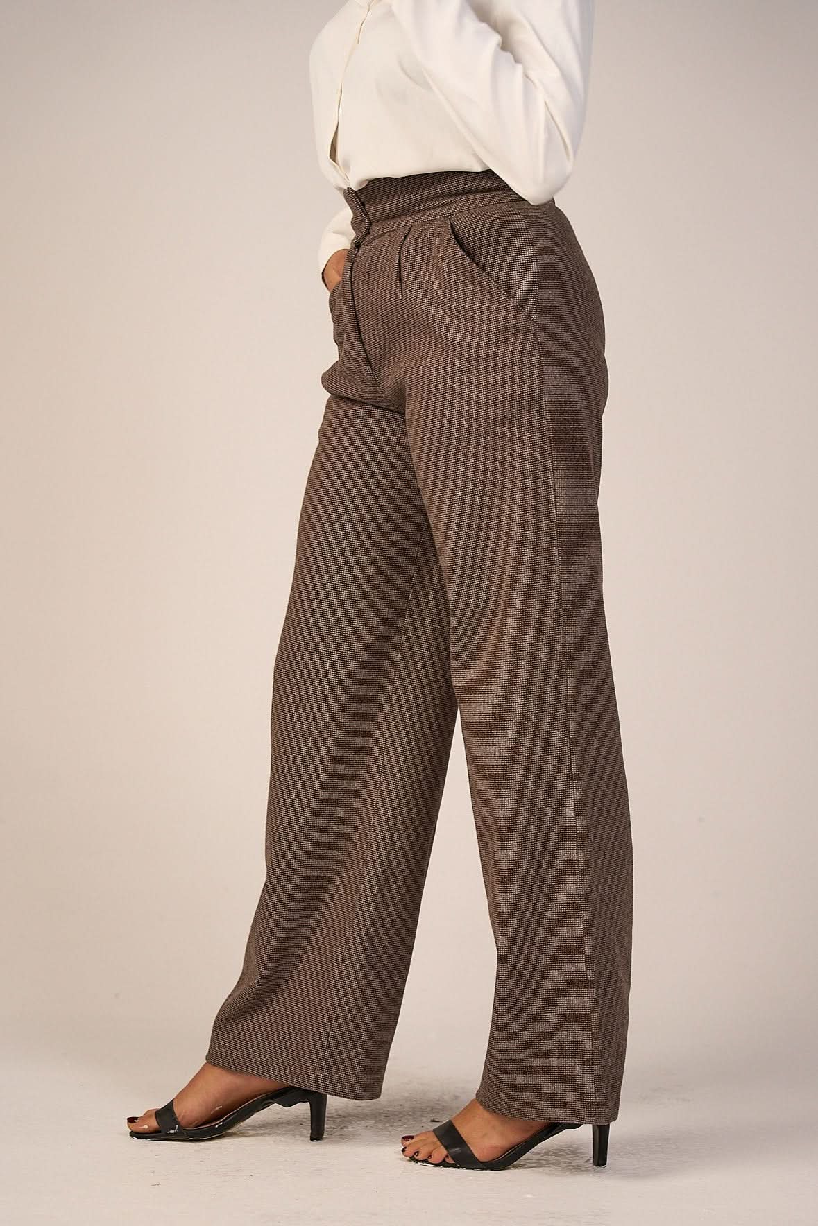 Brown High-Waist Wool Classic Trousers featuring a tailored straight-leg fit, premium wool fabric, and a sleek high-waisted design for a sophisticated look.
