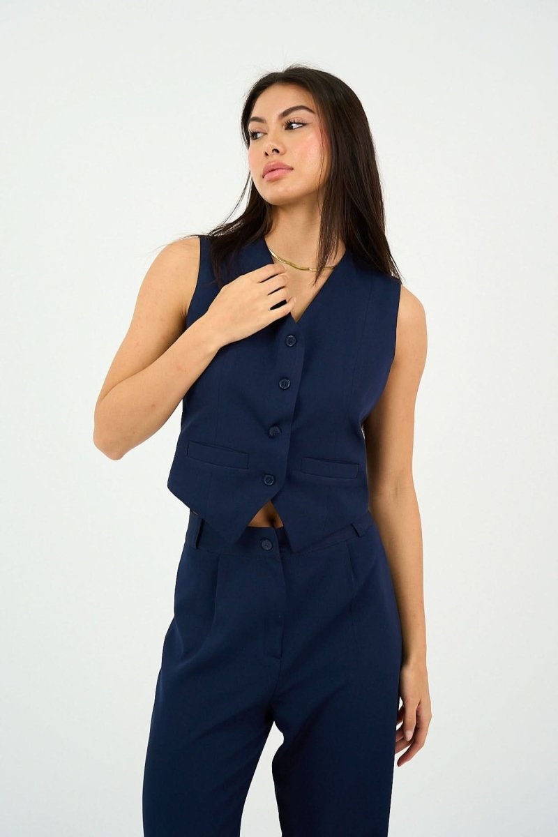 Navy Classic Vest & Pleated Straight Pants Set - Hushy Wear