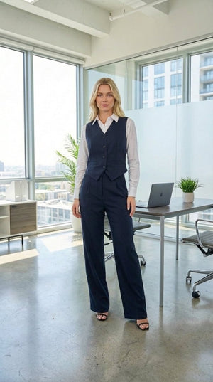 Navy Classic Vest & Pleated Straight Pants Set - Hushy Wear