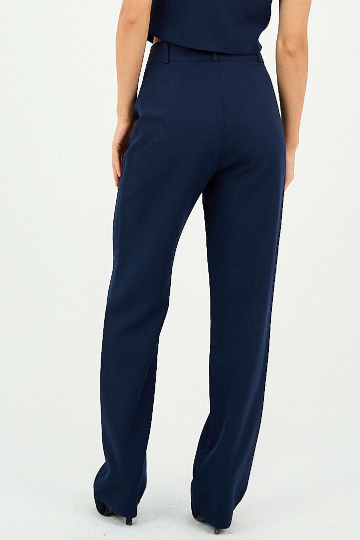 Navy Pleated Straight - Leg Trousers - Hushy Wear