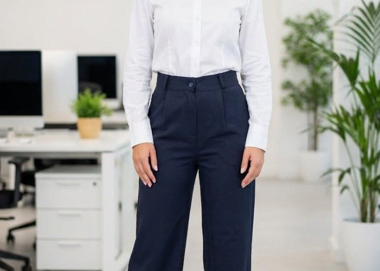 Navy Pleated Straight - Leg Trousers - Hushy Wear