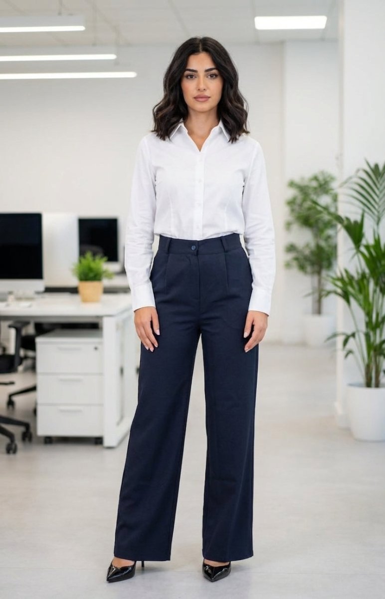 Navy Pleated Straight - Leg Trousers - Hushy Wear