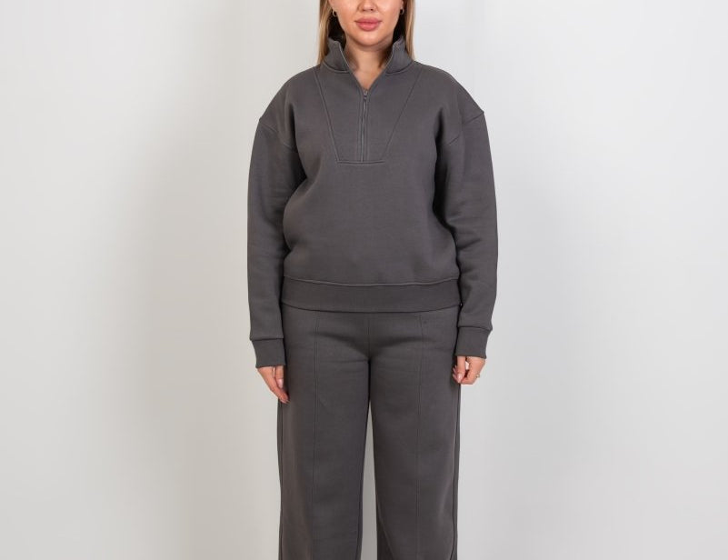 Relaxed Fit Half - Zip Sweater & Pants Set – Gray - Hushy Wear
