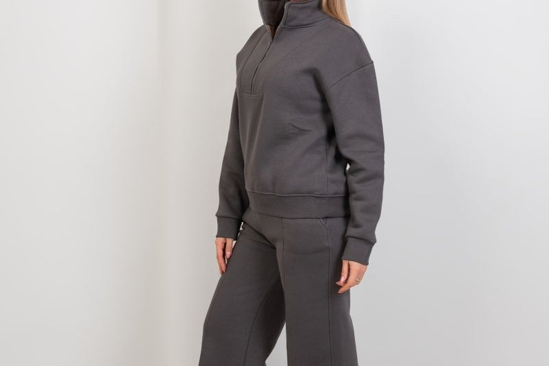 Relaxed Fit Half - Zip Sweater & Pants Set – Gray - Hushy Wear