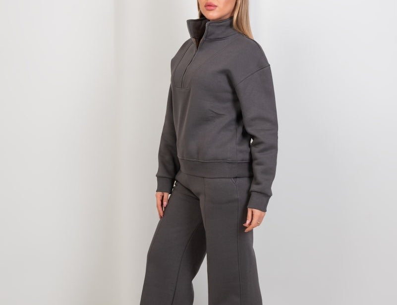 Relaxed Fit Half - Zip Sweater & Pants Set – Gray - Hushy Wear