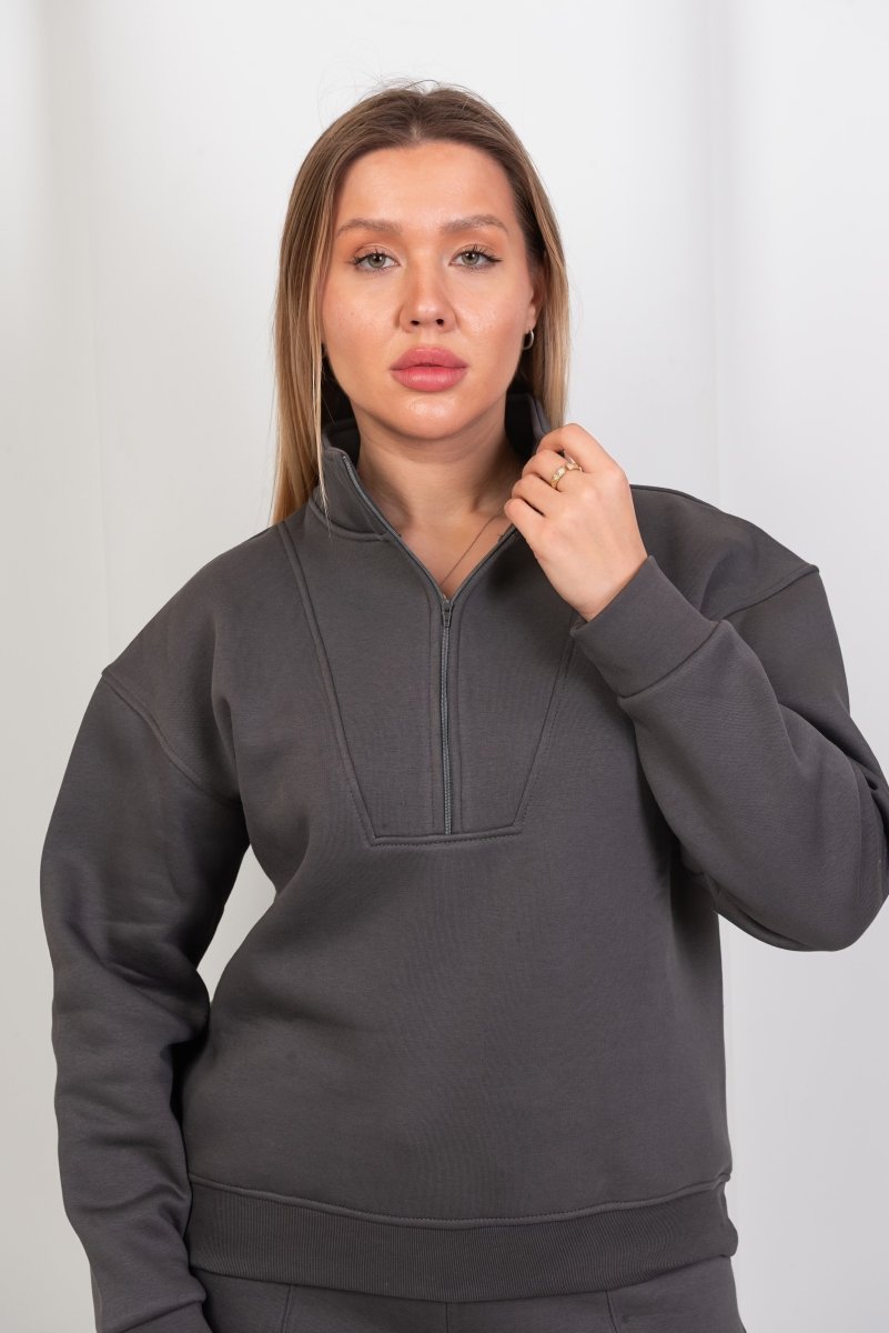 Relaxed Fit Half - Zip Sweater & Pants Set – Gray - Hushy Wear