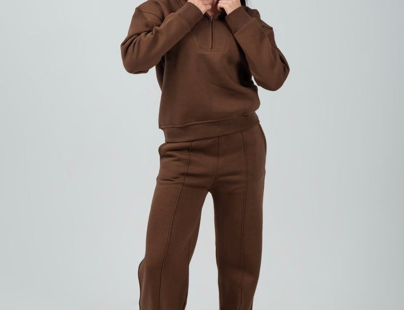 Relaxed Fit Half - Zip Sweater & Pants Set – Mocha - Hushy Wear