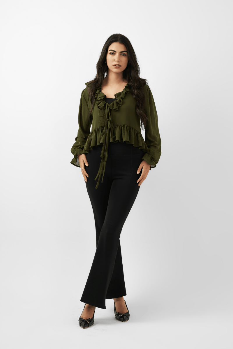 Ruffled Romance V - Neck Blouse – Olive Green - Hushy Wear